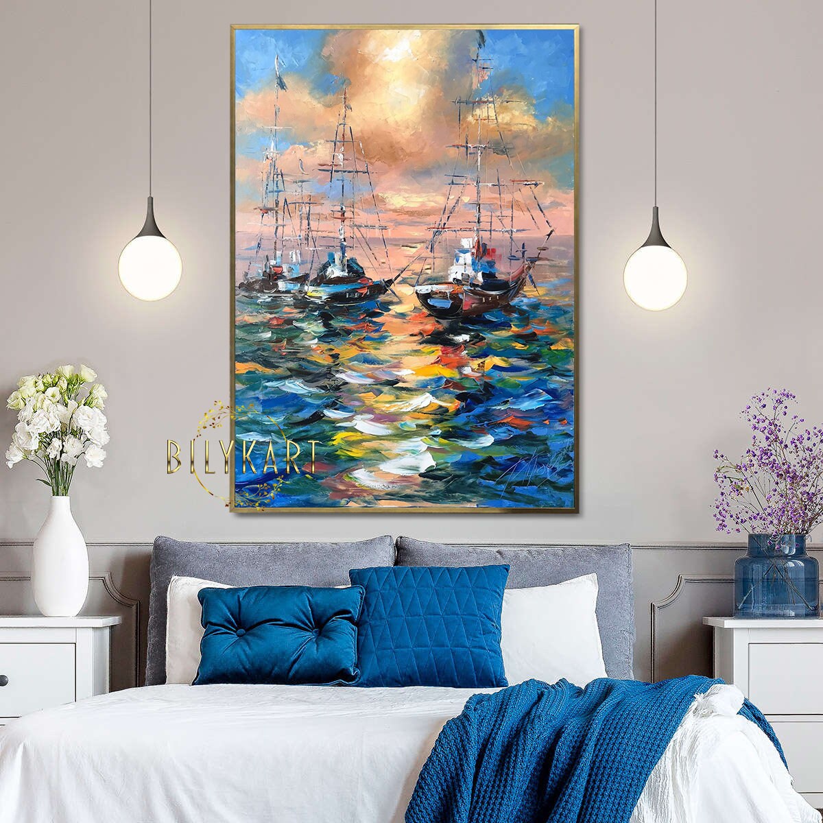 Large Boat at Sunset Oil Painting Original Colorful Seascape Paintings on Canvas Sailboat Framed Art Large Abstract Yacht Paintings for Sale