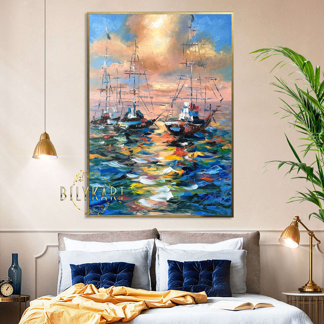 Large Boat at Sunset Oil Painting Original Colorful Seascape Paintings on Canvas Sailboat Framed Art Large Abstract Yacht Paintings for Sale