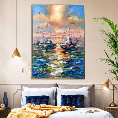 Large Boat at Sunset Oil Painting Original Colorful Seascape Paintings on Canvas Sailboat Framed Art Large Abstract Yacht Paintings for Sale