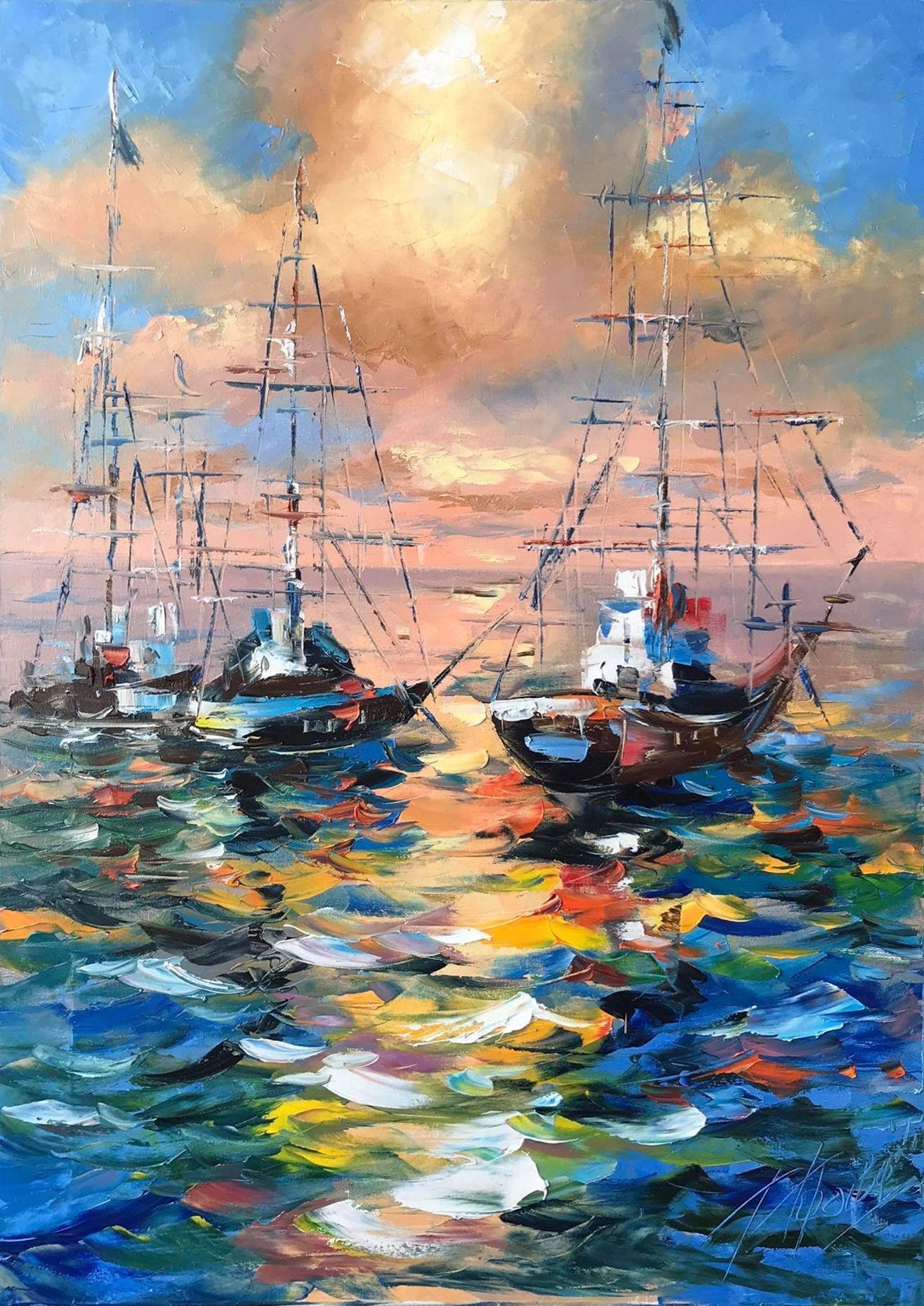 Large Boat at Sunset Oil Painting Original Colorful Seascape Paintings on Canvas Sailboat Framed Art Large Abstract Yacht Paintings for Sale