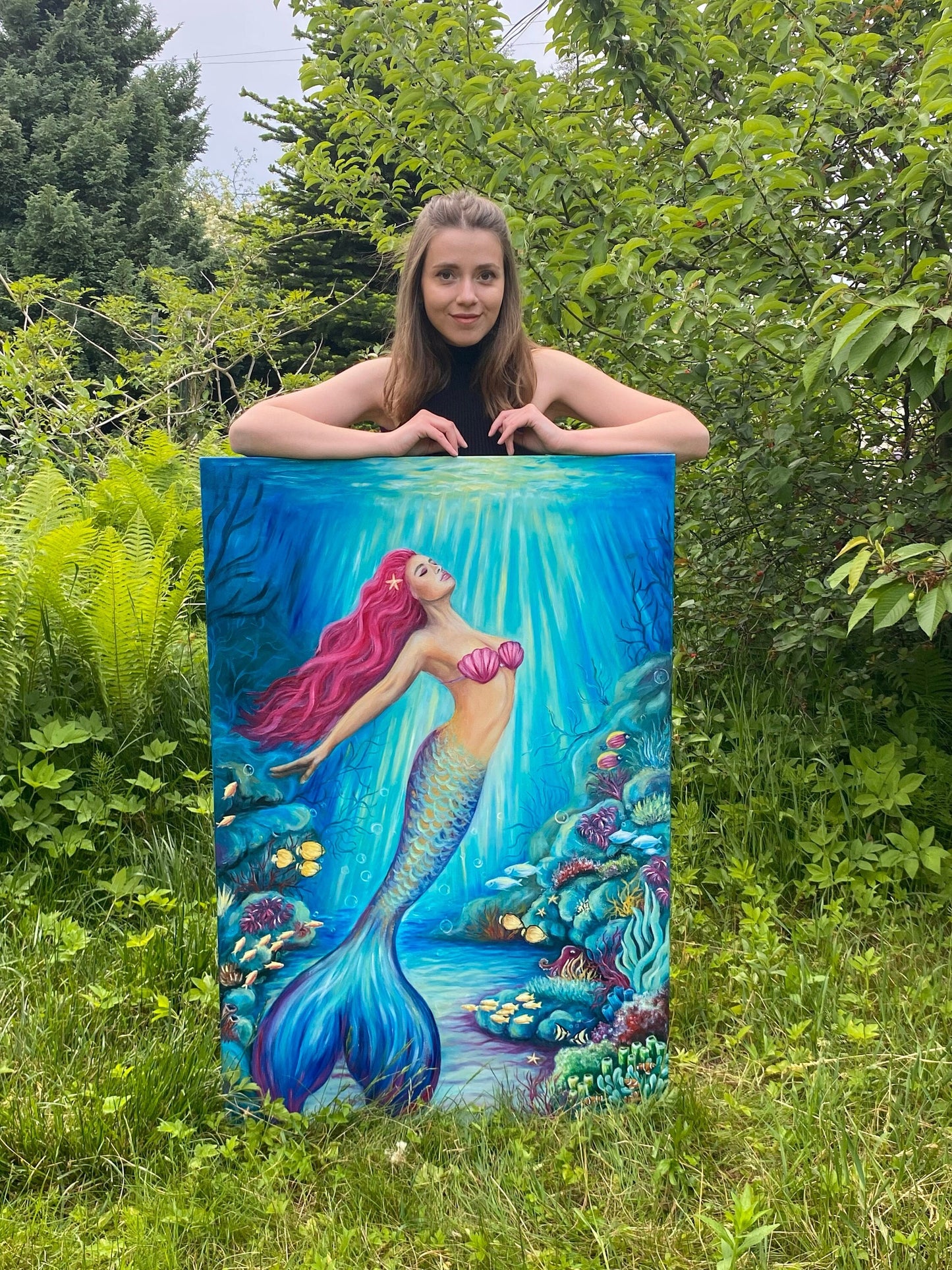 Large Mermaid in the Sea Painting on Canvas Mermaid Wall Art Decor Underwater Painting Mermaid Artwork Siren Art Mermaid Girl Oil Painting