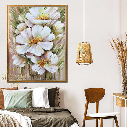 Large White Flower Oil Paintings on Canvas Abstract Floral Framed Art Big Flower Painting on Wall Decor Extra Large Floral Artwork