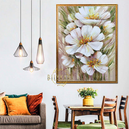 Large White Flower Oil Paintings on Canvas Abstract Floral Framed Art Big Flower Painting on Wall Decor Extra Large Floral Artwork