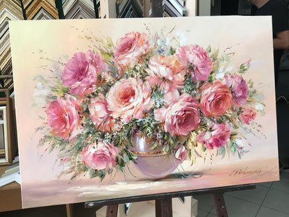 Pink Rose Bouquet Painting on Canvas Classical Still Life Oil Painting Original Handmade Artwork Pink Flowers in Vase Painting for Sale