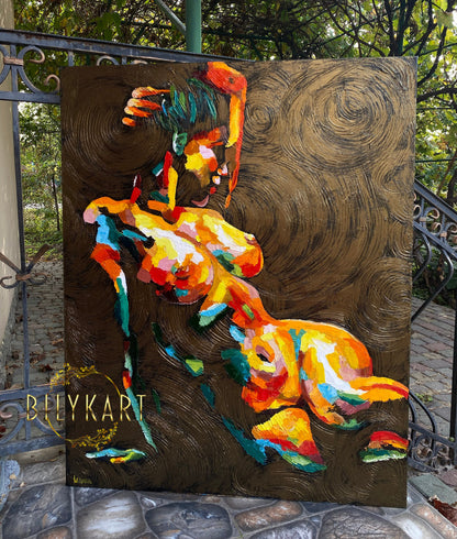 Modern Body Canvas Painting Sexy Nude Woman Oil Painting Original Figurative Painting Female Figure Artwork Full Body Painting Gold Body Art