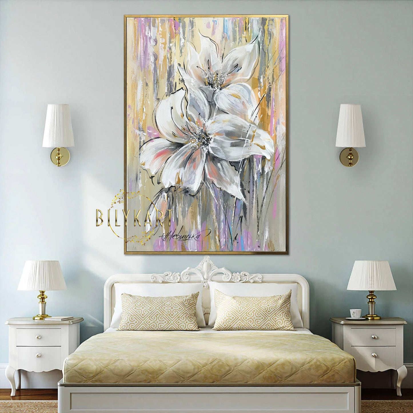 White Lily Painting on Canvas Gold White Abstract Floral Wall Art Large Floral Oil Painting Lilies Abstract Painting Lily Flower Artwork