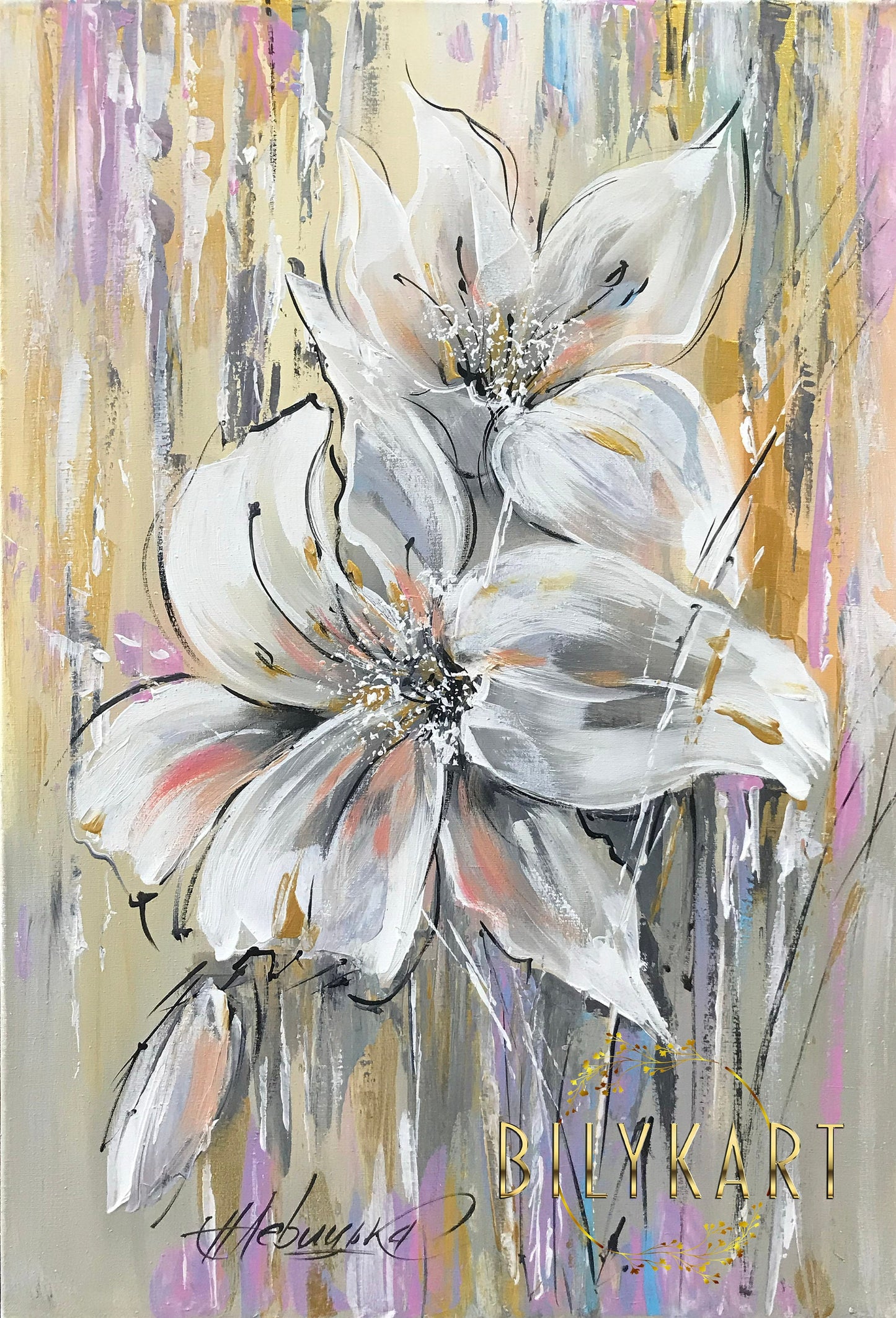 White Lily Painting on Canvas Gold White Abstract Floral Wall Art Large Floral Oil Painting Lilies Abstract Painting Lily Flower Artwork