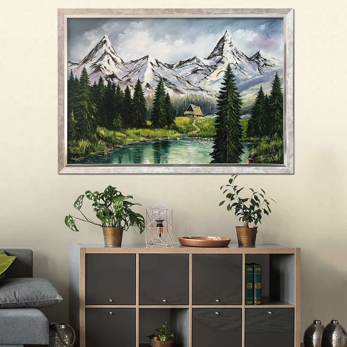 Mountain Stream Painting on Canvas Emerald Lake Painting Snowy Mountains Wall Art Colorado Mountain Landscape Oil Painting Framed Forest Art