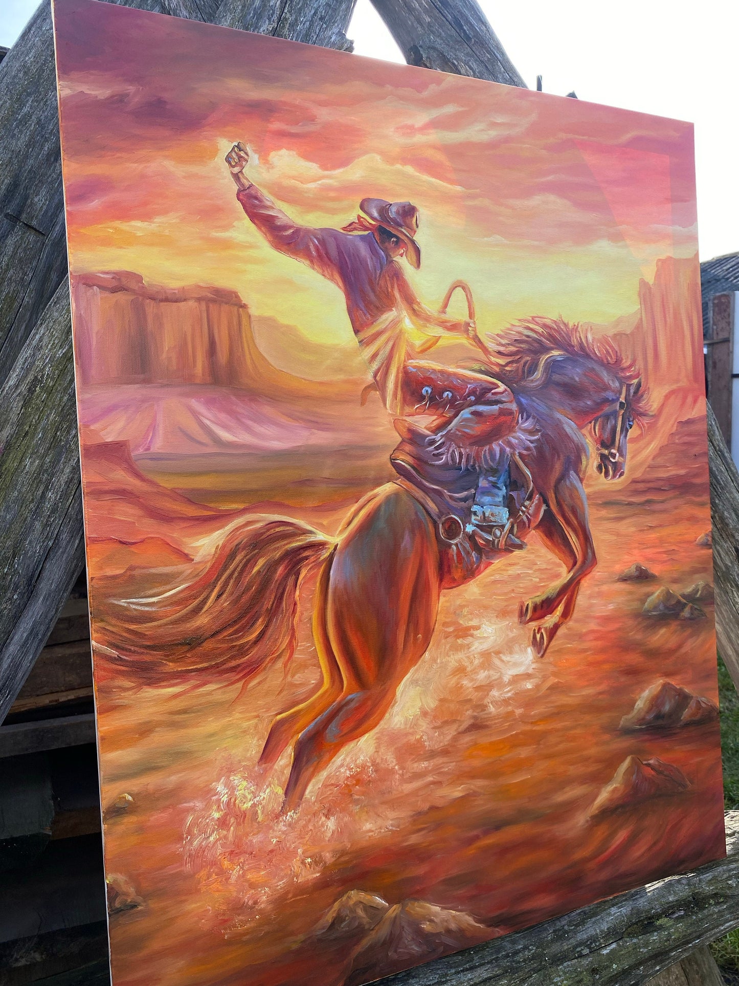 Cowboy Painting on Canvas Large Horse Oil Painting Original Orange Cowboy Art Modern Western Art Southwest Paintings Southwest Art for Walls