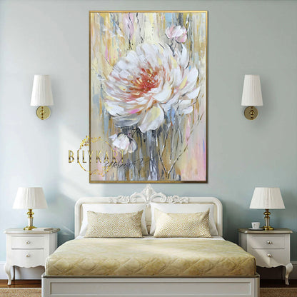 White Peony Oil Painting Original Single Flower Painting on Canvas Gold White Floral Wall Decor Large Abstract Peony Painting Floral Gift