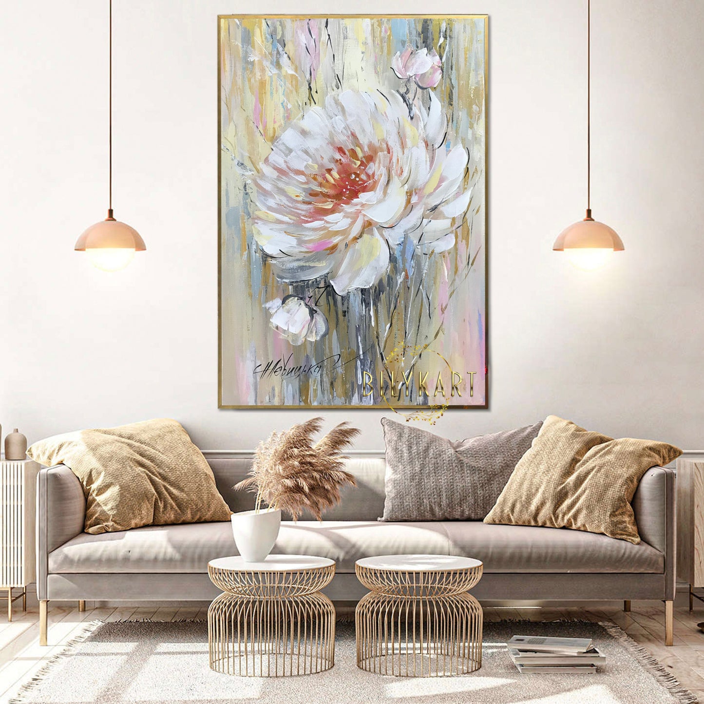 White Peony Oil Painting Original Single Flower Painting on Canvas Gold White Floral Wall Decor Large Abstract Peony Painting Floral Gift