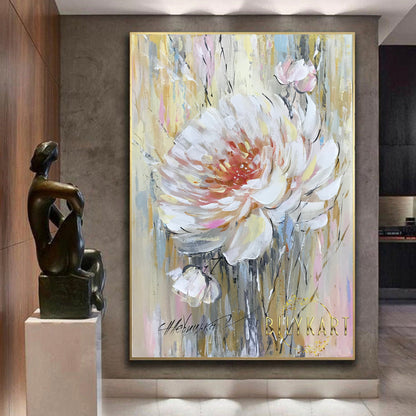 White Peony Oil Painting Original Single Flower Painting on Canvas Gold White Floral Wall Decor Large Abstract Peony Painting Floral Gift