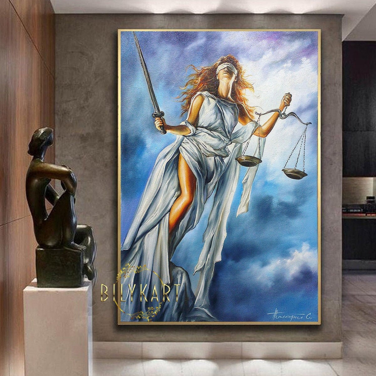 Lady of Justice Oil Painting Scales of Justice Wall Art Lawyer Painting Law Office Decor Greek Goddess of Justice Paintings Lawyer Art Gift