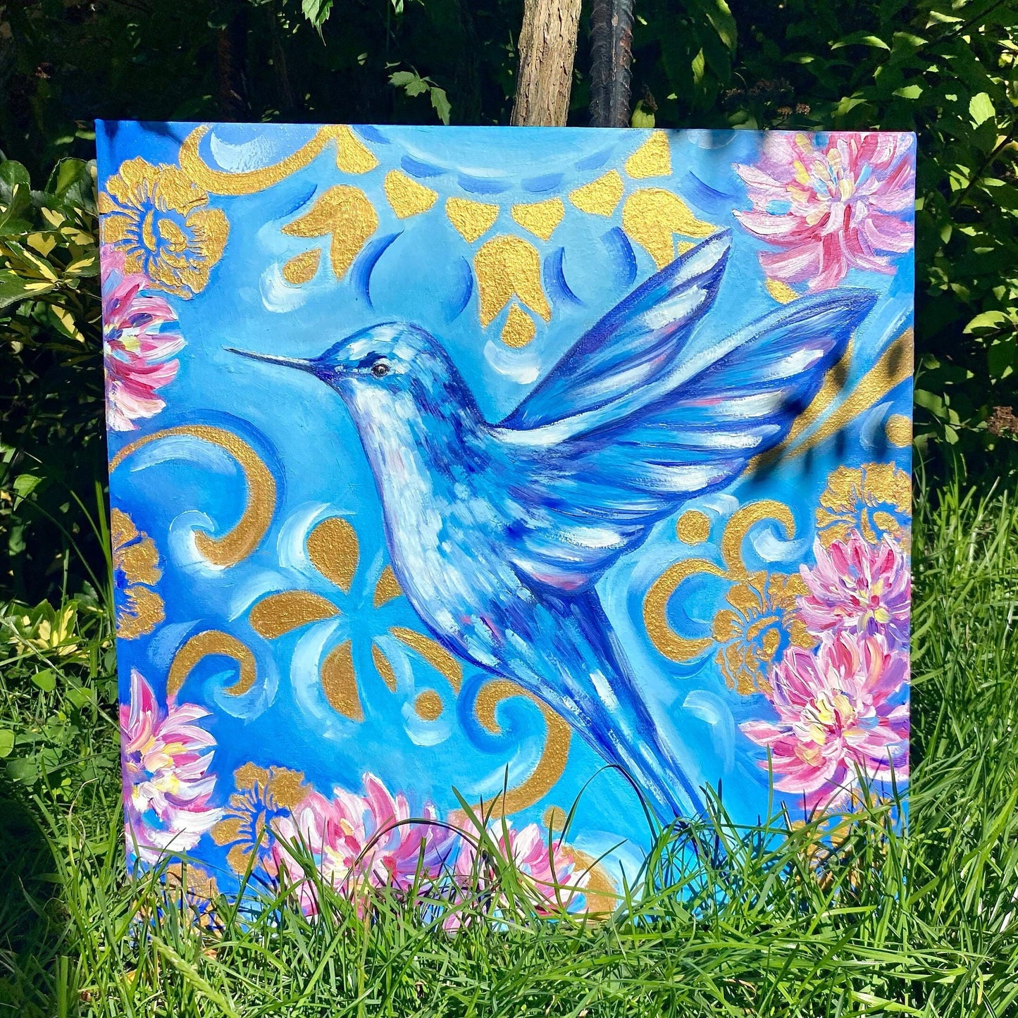 Bird Painting Original Blue Bird Oil Painting on Canvas Small Bird Wall Art Humming Bird Art Hummingbird Original Painting Bird Lover Gift