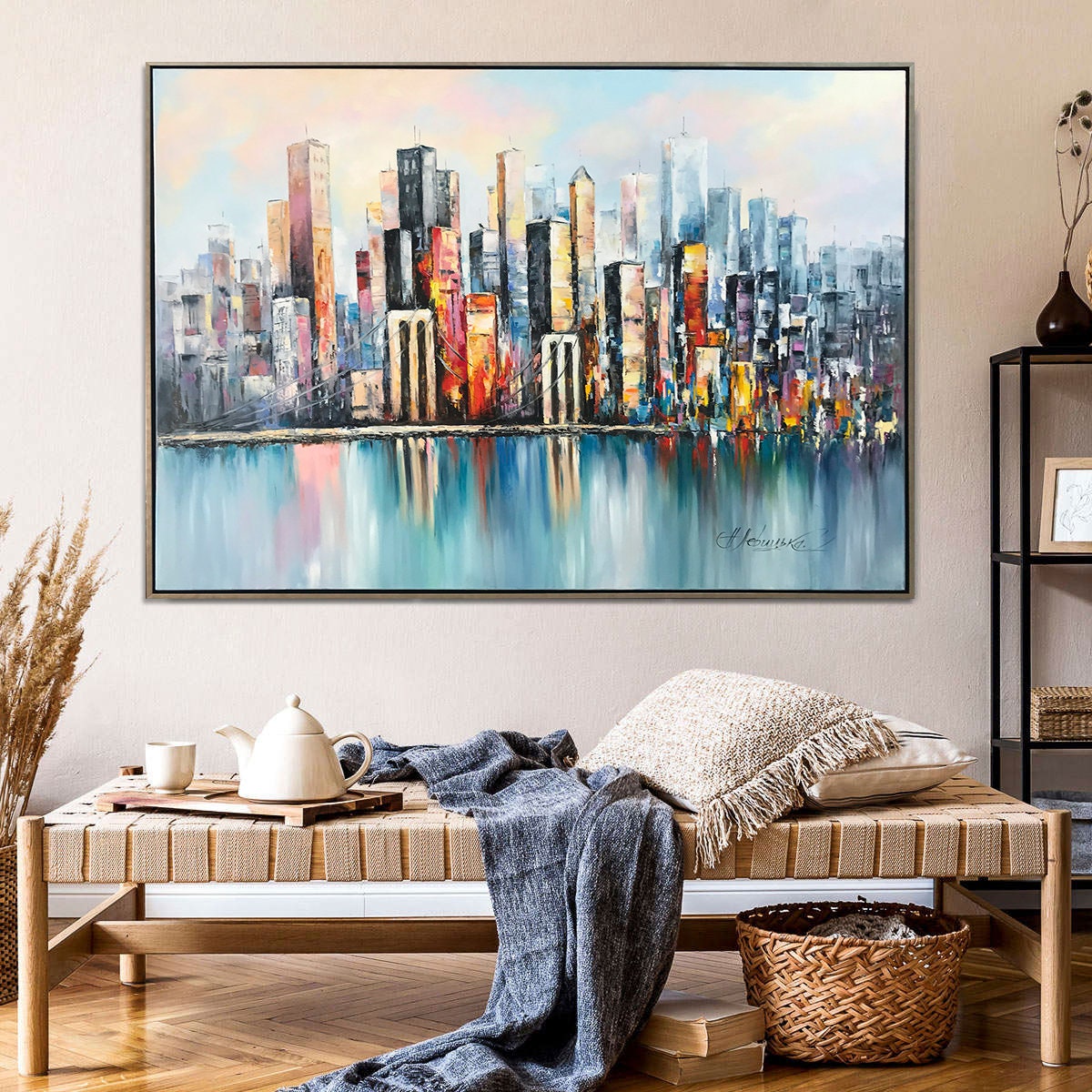 Abstract New York City Oil Painting, NYC Skyline Painting, Extra Large Brooklyn NY Modern Wall Art, City Skyline Abstract NYC Oil Painting