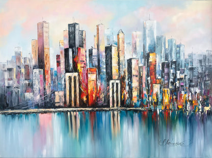 Abstract New York City Oil Painting, NYC Skyline Painting, Extra Large Brooklyn NY Modern Wall Art, City Skyline Abstract NYC Oil Painting