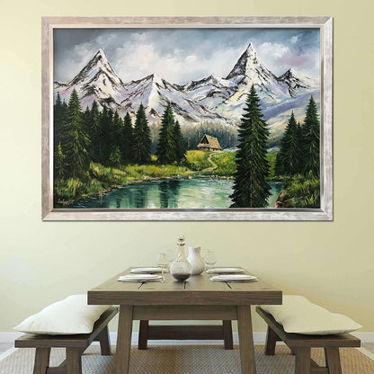 Mountain Stream Painting on Canvas Emerald Lake Painting Snowy Mountains Wall Art Colorado Mountain Landscape Oil Painting Framed Forest Art