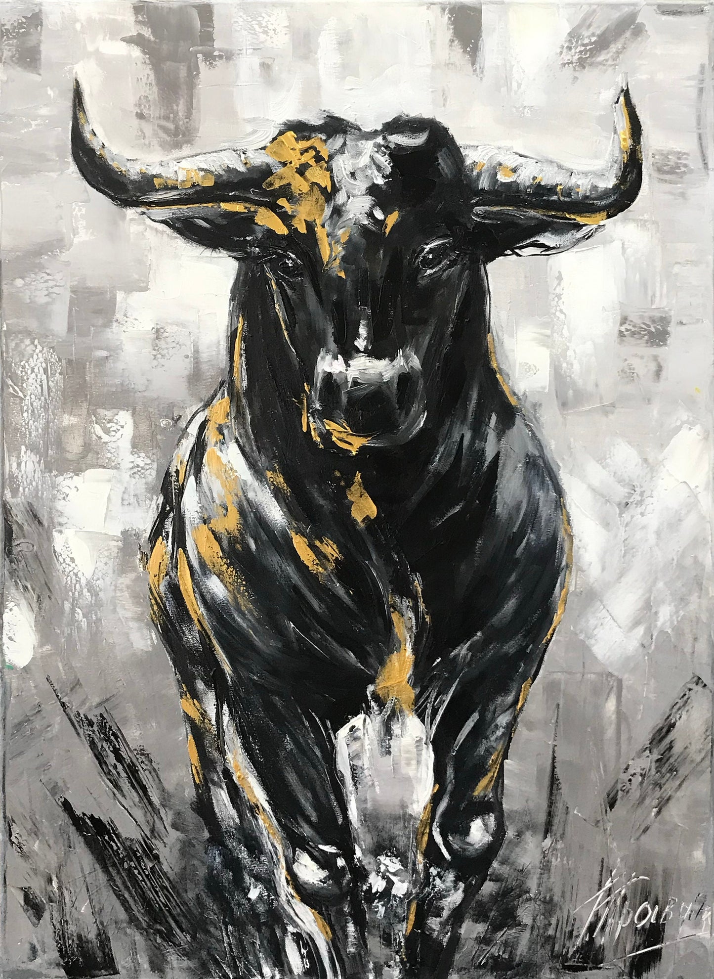 Charging Bull Painting Art Stock Exchange Black and White Oversized Black Wallstreet Bull Artwork