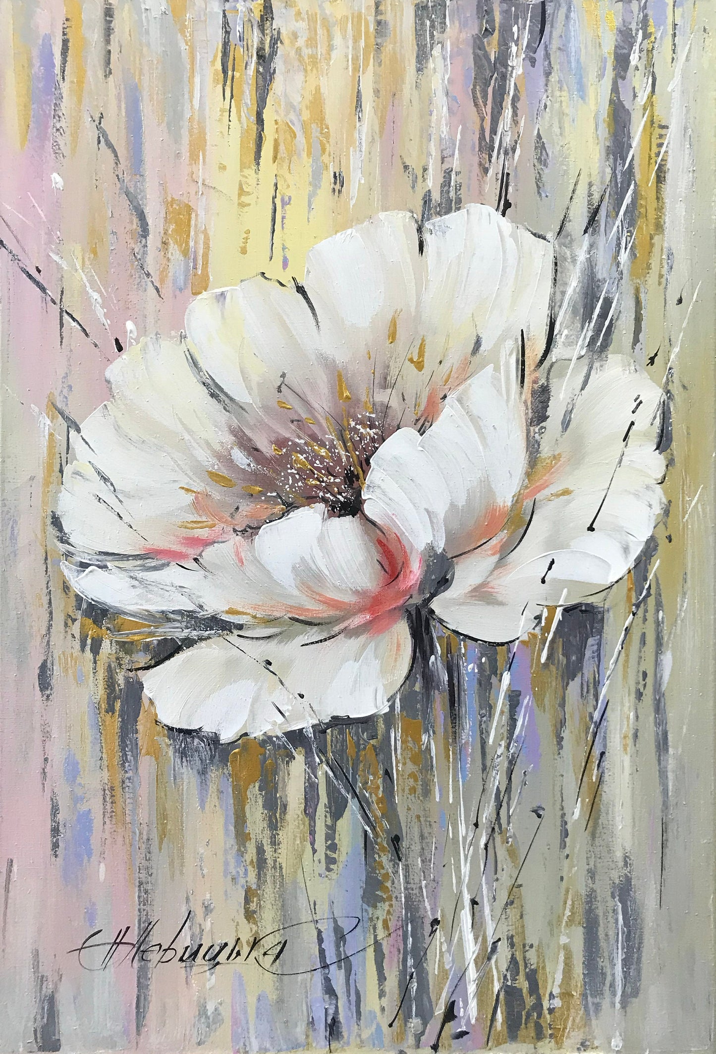 White Flower Oil Painting Original Art Abstract Flower Paintings on Canvas Gold Framed Floral Art Large Single Flower Painting on Canvas