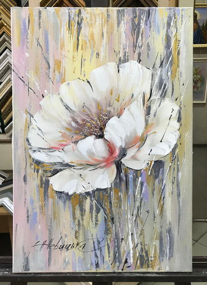 White Flower Oil Painting Original Art Abstract Flower Paintings on Canvas Gold Framed Floral Art Large Single Flower Painting on Canvas