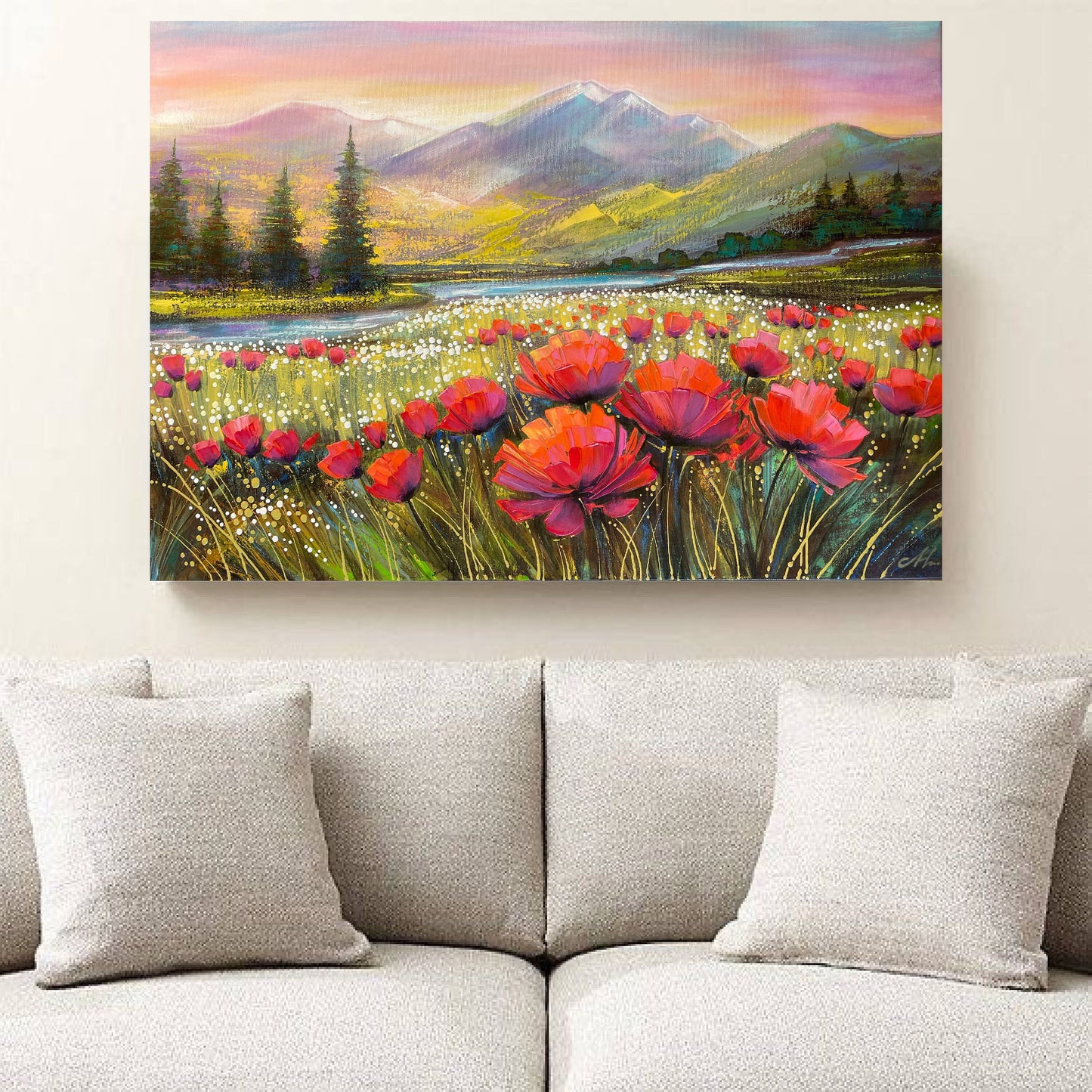 Colorado Mountain Art Painting Original Poppy Field Painting Blue Ridge Mountains Wall Art Wildflowers and Mountain Landscape Painting