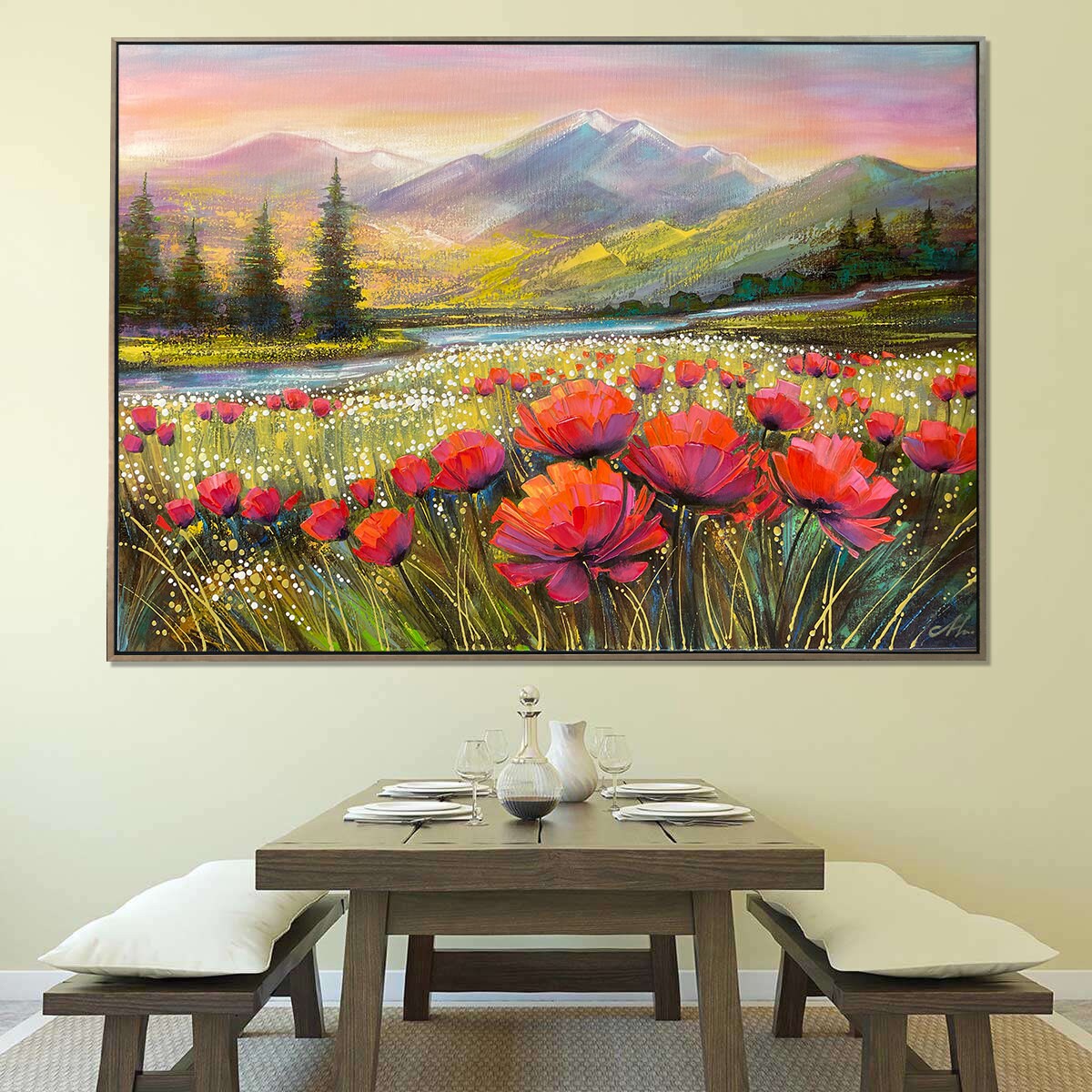 Colorado Mountain Art Painting Original Poppy Field Painting Blue Ridge Mountains Wall Art Wildflowers and Mountain Landscape Painting