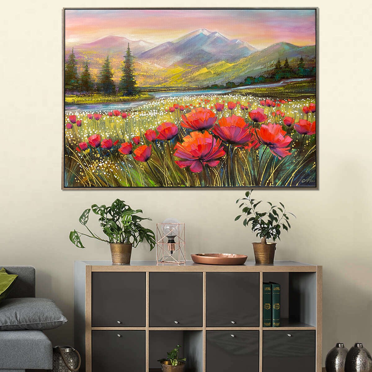 Colorado Mountain Art Painting Original Poppy Field Painting Blue Ridge Mountains Wall Art Wildflowers and Mountain Landscape Painting