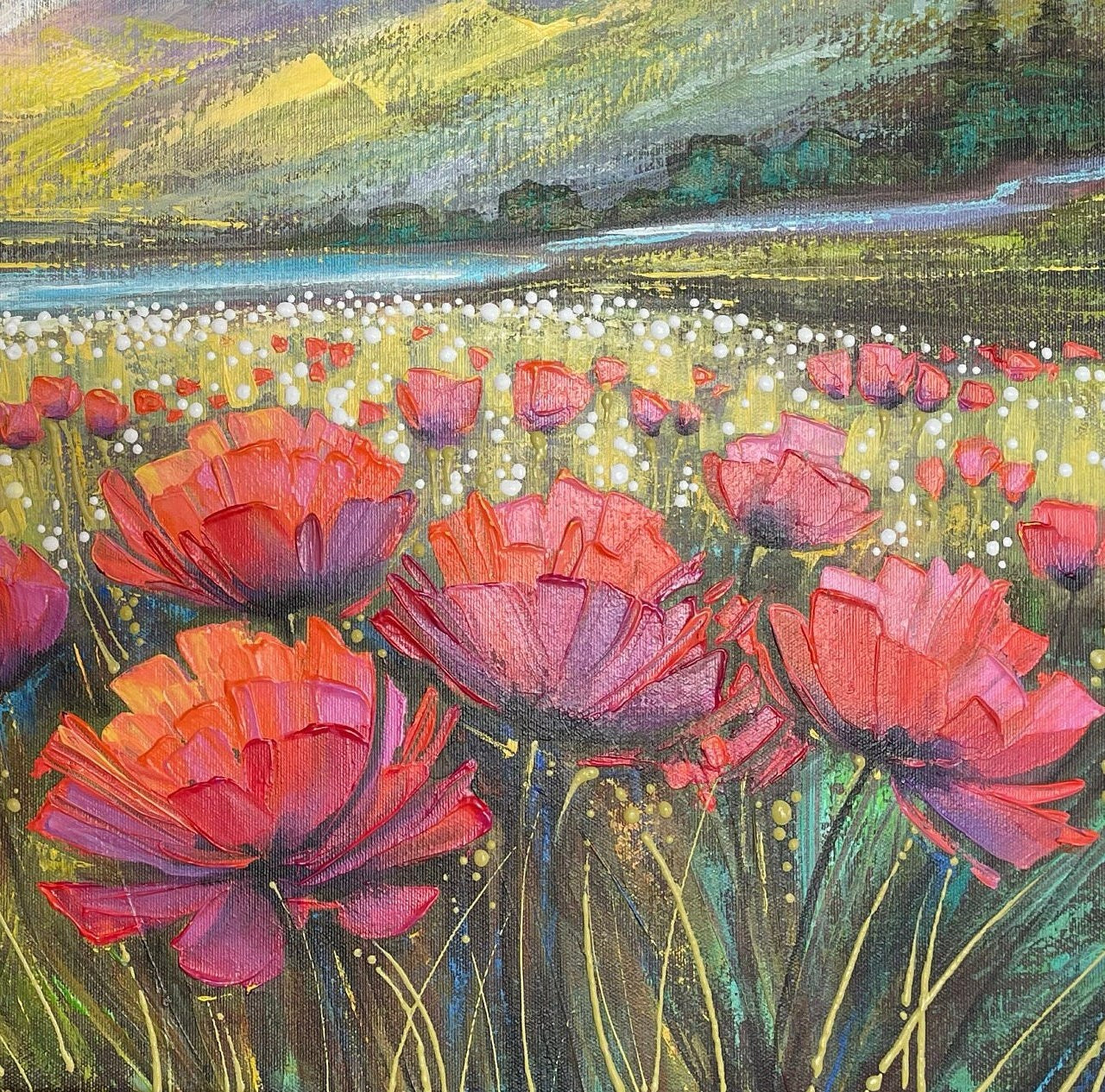 Colorado Mountain Art Painting Original Poppy Field Painting Blue Ridge Mountains Wall Art Wildflowers and Mountain Landscape Painting