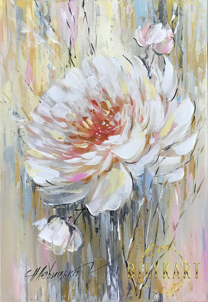 White Peony Oil Painting Original Single Flower Painting on Canvas Gold White Floral Wall Decor Large Abstract Peony Painting Floral Gift