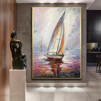 Sail Boat Painting Sunset Oil Painting Original Sea boat Art Decor Harbor Painting Framed Ship Wall Art Canvas Boat Yacht Oil Painting