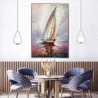 Sail Boat Painting Sunset Oil Painting Original Sea boat Art Decor Harbor Painting Framed Ship Wall Art Canvas Boat Yacht Oil Painting