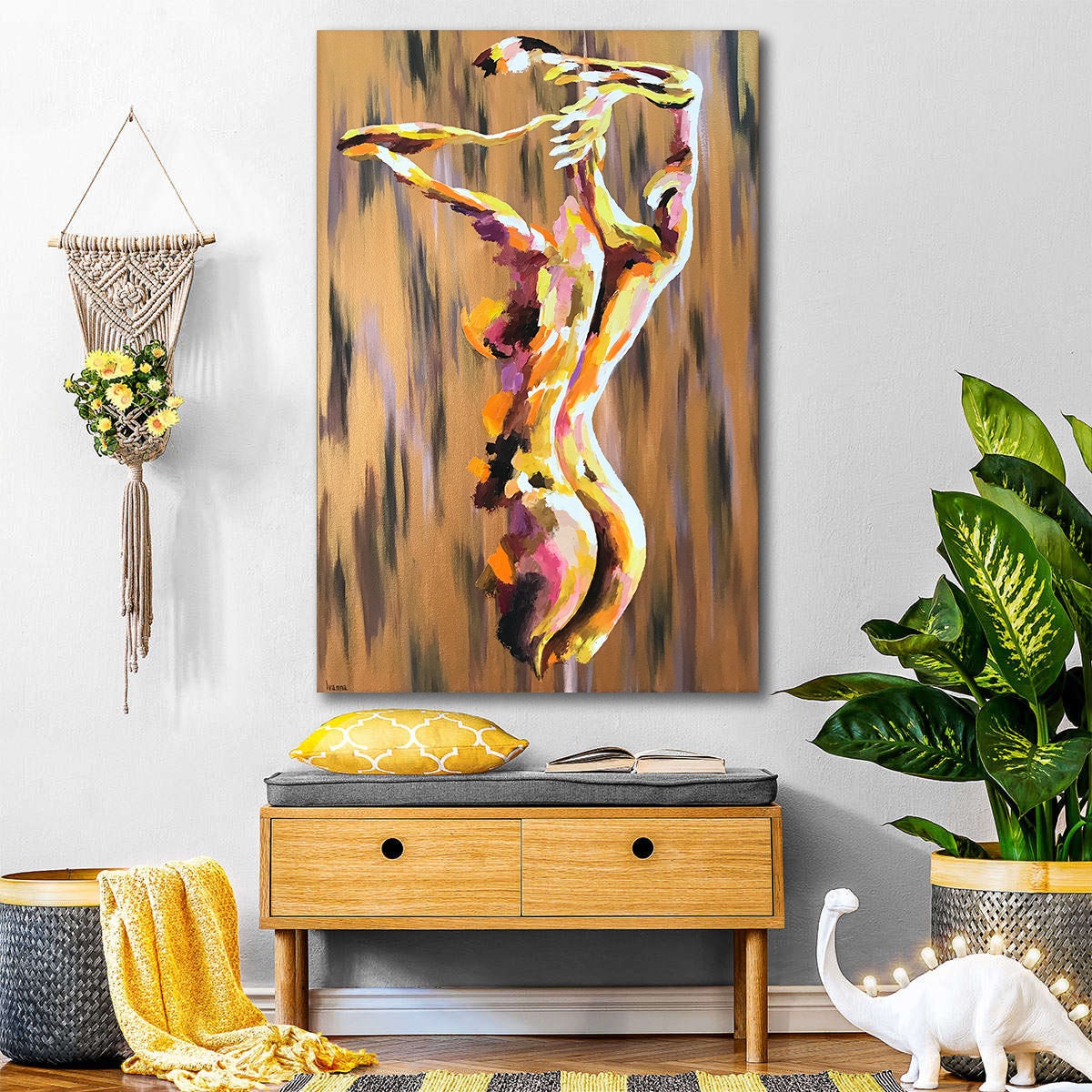 Full Body Painting on Canvas Minimal Woman Body Painting Yellow Black Abstract Painting Original Figurative Art Sexy Nude Woman Oil Painting