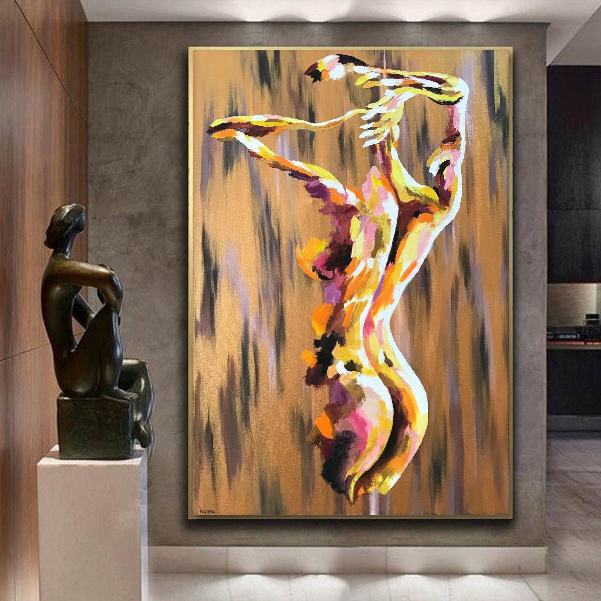 Full Body Painting on Canvas Minimal Woman Body Painting Yellow Black Abstract Painting Original Figurative Art Sexy Nude Woman Oil Painting