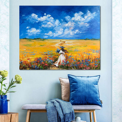 Ukrainian Landscape Oil Painting Original Girl in Flower Field Painting Ukrainian Artists Buy Ukrainian Blue and Yellow Painting on Canvas