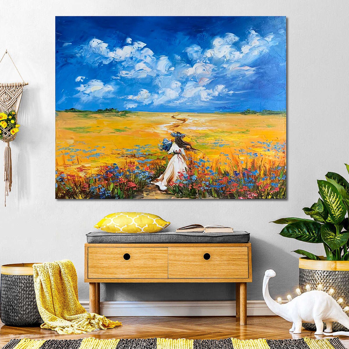 Ukrainian Landscape Oil Painting Original Girl in Flower Field Painting Ukrainian Artists Buy Ukrainian Blue and Yellow Painting on Canvas