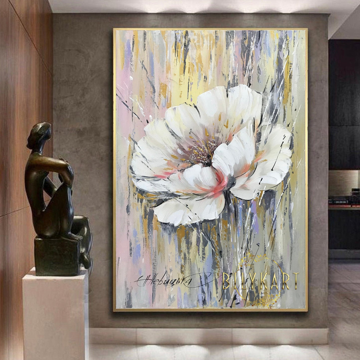 White Flower Oil Painting Original Art Abstract Flower Paintings on Canvas Gold Framed Floral Art Large Single Flower Painting on Canvas