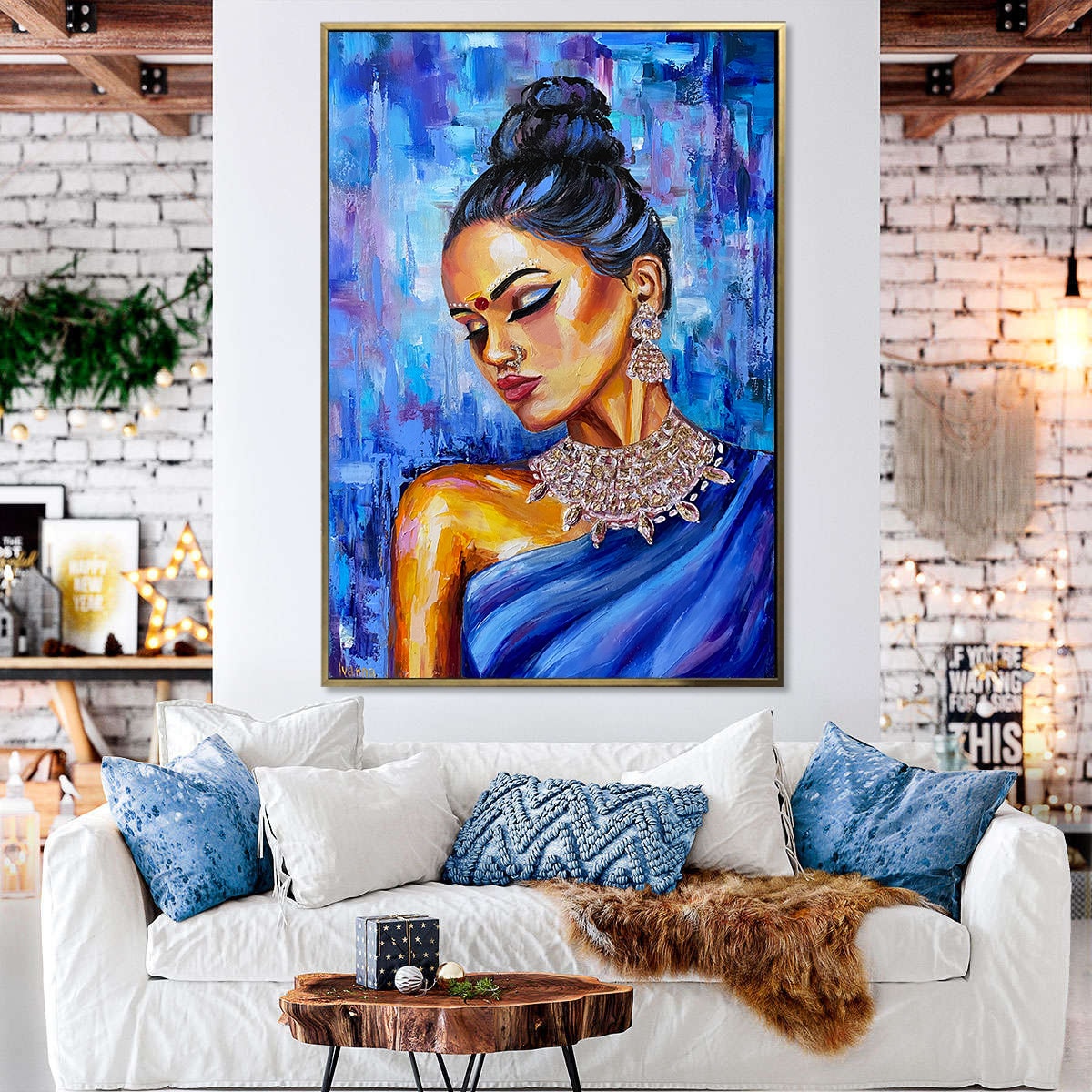 Indian Woman Painting Canvas Modern Indian Blue Wall Art Aesthetic Indian Art Work Contemporary Abstract Indian Lady Oil Painting Original