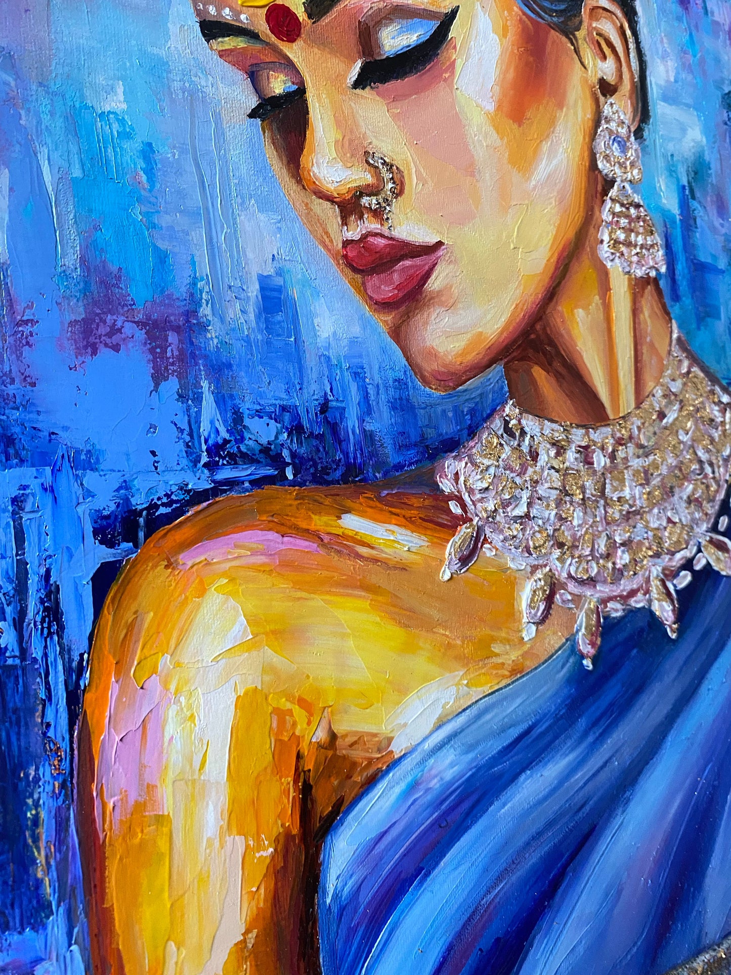 Indian Woman Painting Canvas Modern Indian Blue Wall Art Aesthetic Indian Art Work Contemporary Abstract Indian Lady Oil Painting Original