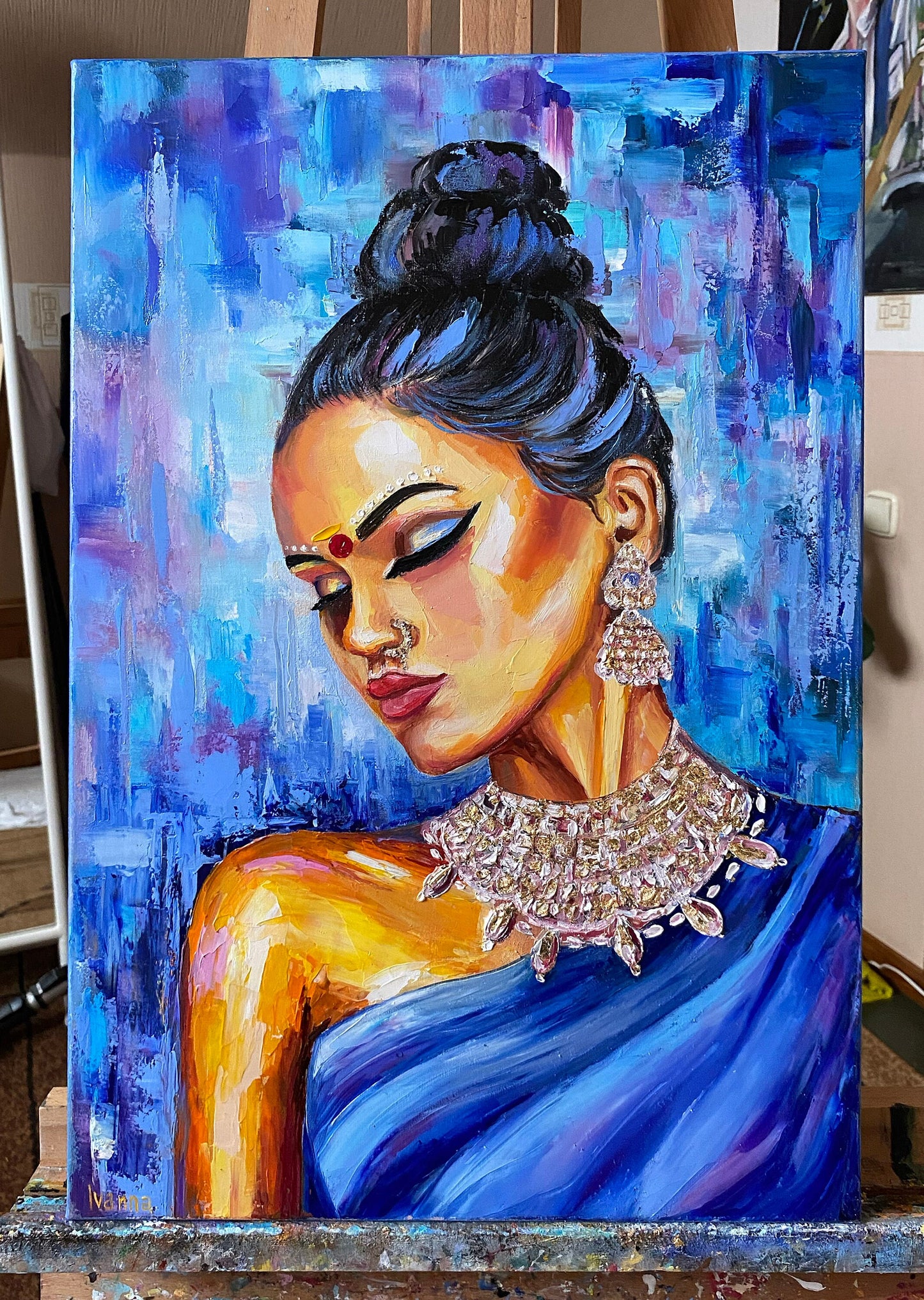 Indian Woman Painting Canvas Modern Indian Blue Wall Art Aesthetic Indian Art Work Contemporary Abstract Indian Lady Oil Painting Original