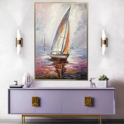 Sail Boat Painting Sunset Oil Painting Original Sea boat Art Decor Harbor Painting Framed Ship Wall Art Canvas Boat Yacht Oil Painting