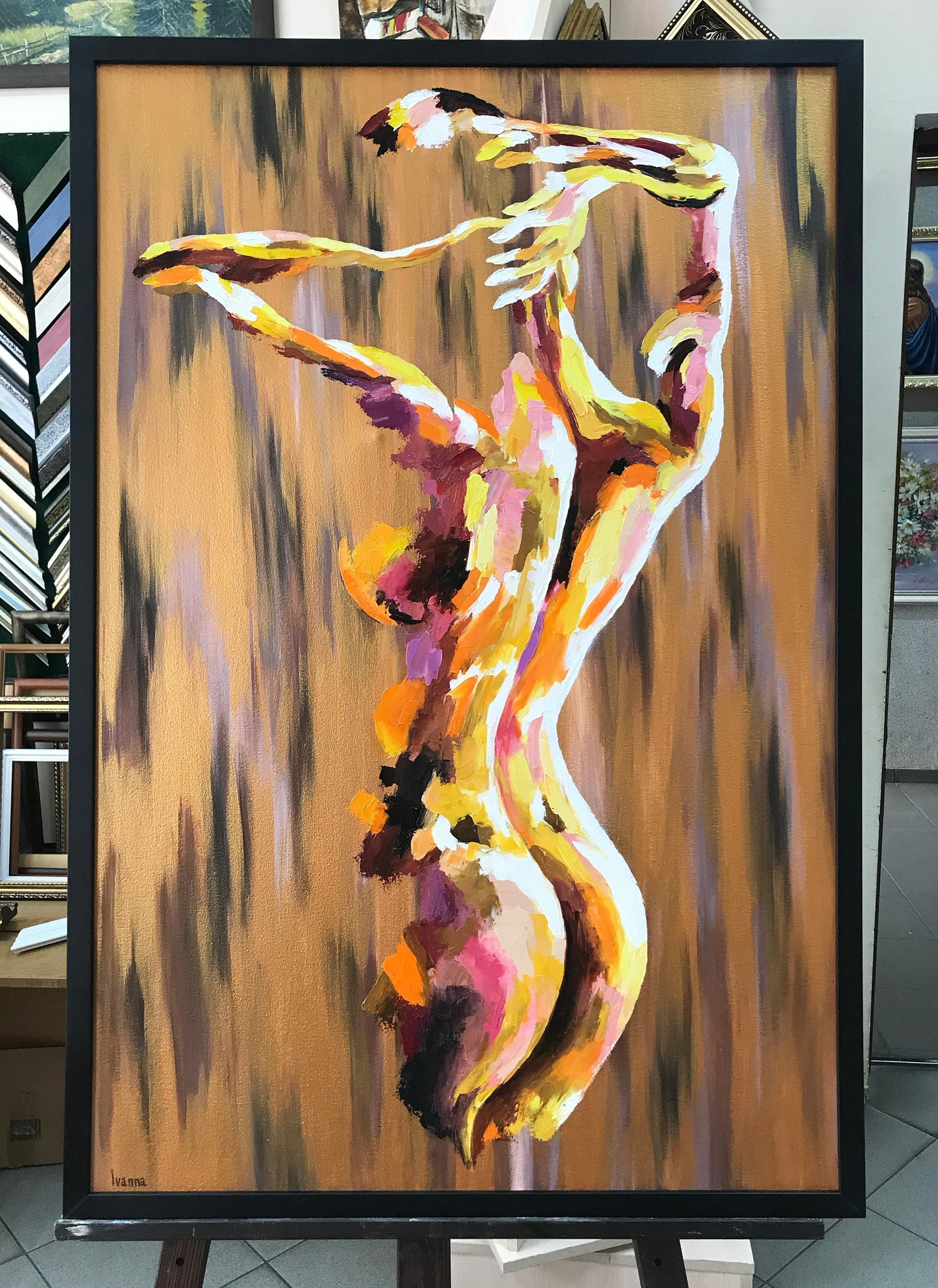 Full Body Painting on Canvas Minimal Woman Body Painting Yellow Black Abstract Painting Original Figurative Art Sexy Nude Woman Oil Painting