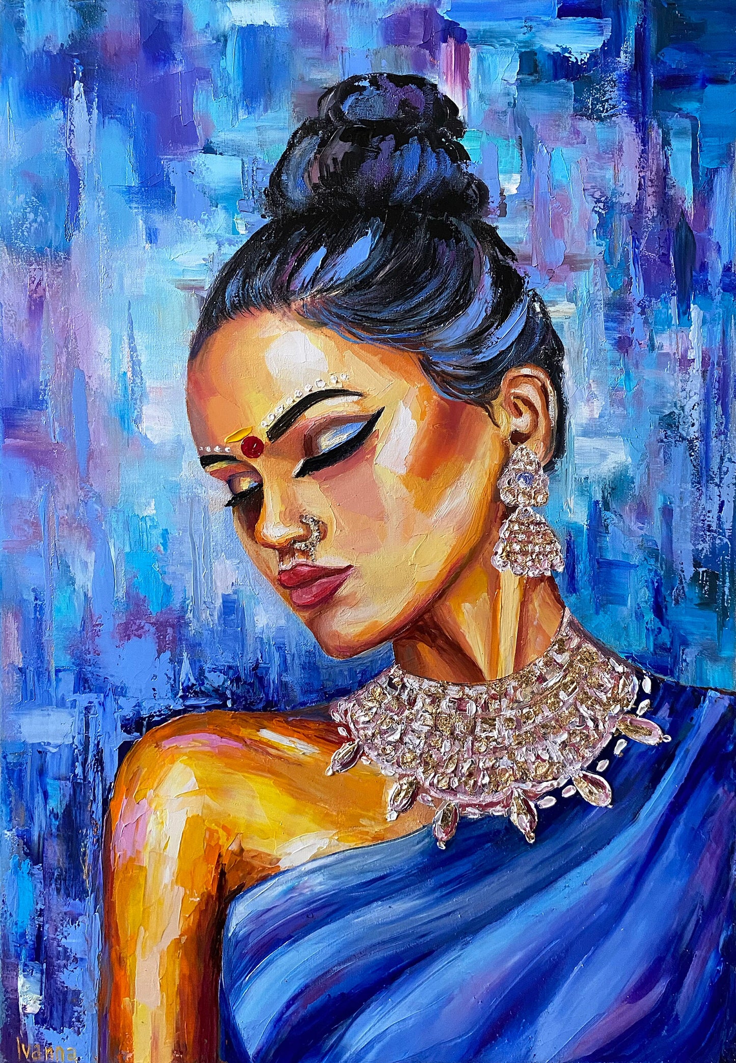 Indian Woman Painting Canvas Modern Indian Blue Wall Art Aesthetic Indian Art Work Contemporary Abstract Indian Lady Oil Painting Original