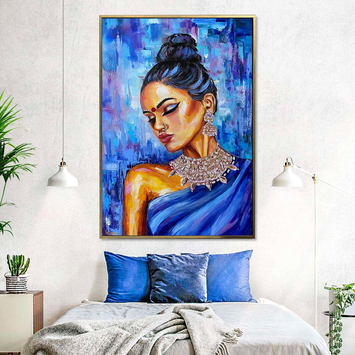 Indian Woman Painting Canvas Modern Indian Blue Wall Art Aesthetic Indian Art Work Contemporary Abstract Indian Lady Oil Painting Original