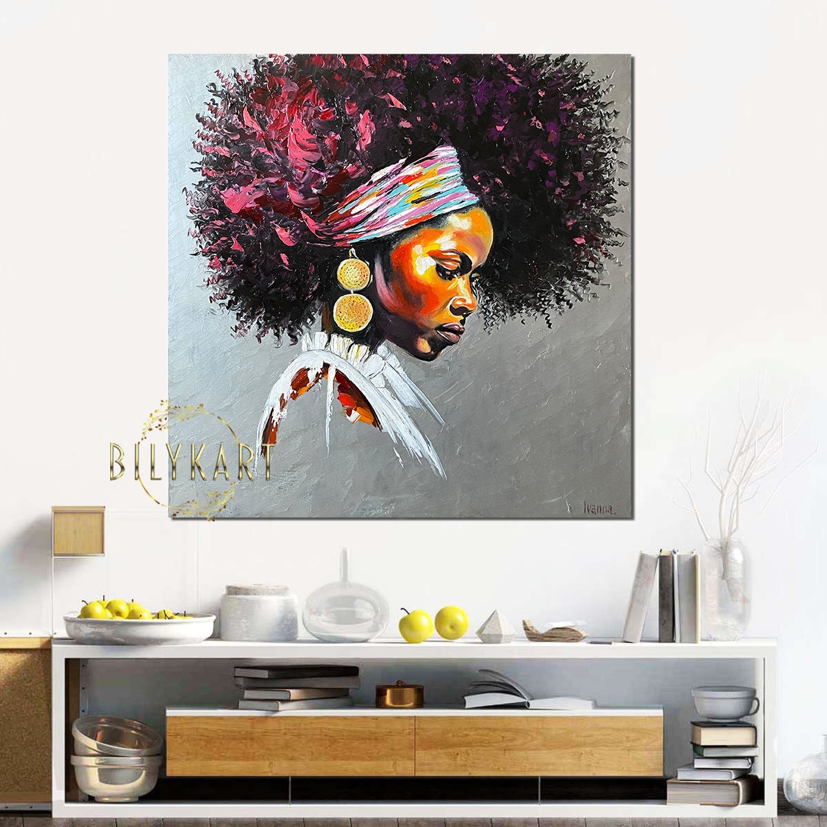 African American Painting Canvas Abstract African American Wall Art Colorful African Woman Art Work Framed Black Woman Portrait Oil Painting