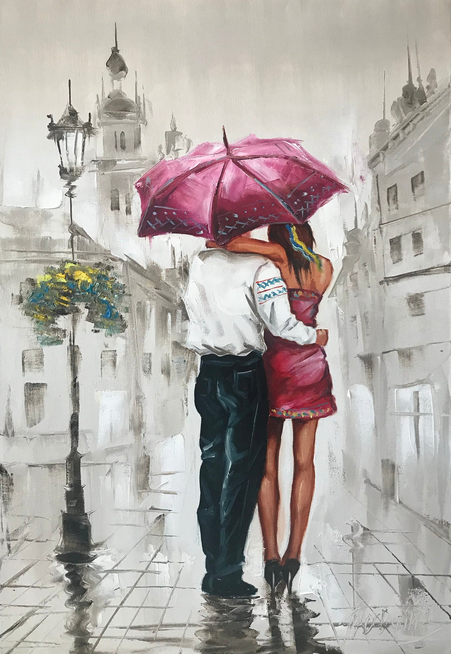 Romantic Painting on Canvas Personalized Couple Under Umbrella in Rain Oil Painting Original Romantic Bedroom Art Couple in Love Art Work