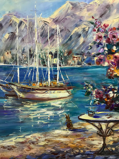 Amalfi Coast Italy Oil Painting Original Italian Painting Large Italy Scene Wall Art Boat Painting Italy Coast Art Positano Coast Painting