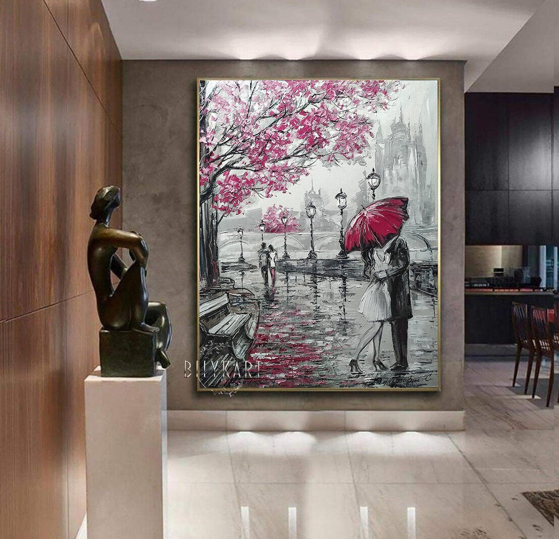 Couple Under Umbrella Painting on Canvas Romantic Art Parisian Wall Art Kiss Painting Pink Paris Oil Painting Original Lovers Art