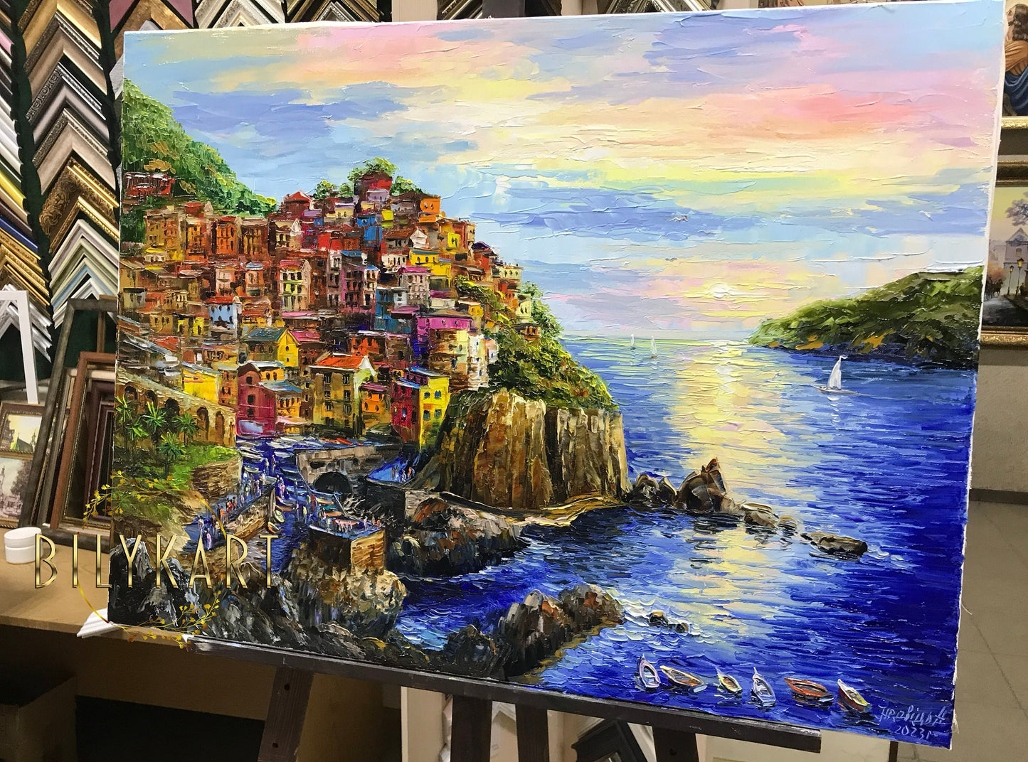 Manarola Painting Original Cinque Terre Painting on Canvas Italian Landscape Wall Art Textured Artwork Impasto Italy Village Painting