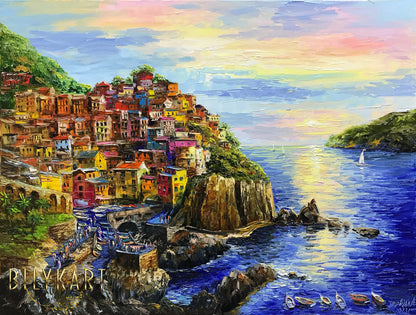 Manarola Painting Original Cinque Terre Painting on Canvas Italian Landscape Wall Art Textured Artwork Impasto Italy Village Painting