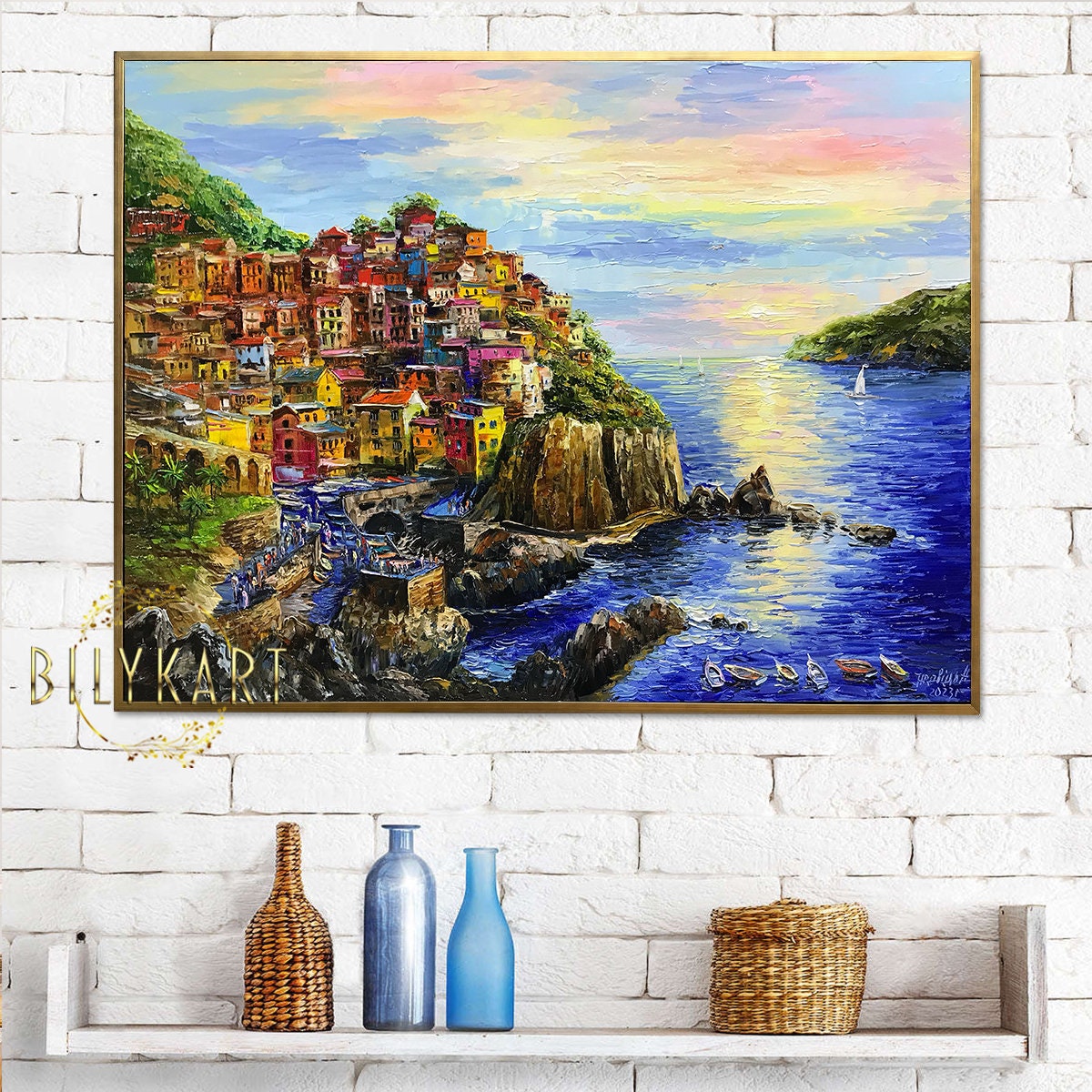 Manarola Painting Original Cinque Terre Painting on Canvas Italian Landscape Wall Art Textured Artwork Impasto Italy Village Painting